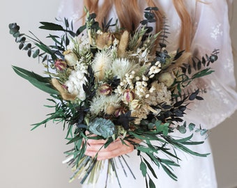 Green Natural Dried Flower Bouquet / Greenery Wedding Flower Arrangement / Eucalyptus Leaves Wedding Bouquet / Nature Forest Wedding