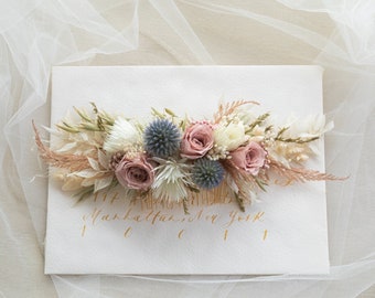 Dried Flowers Hair Comb, Preserved Roses Spring Summer Flower Wedding Bridal Hair Accessory, Blue Globe Thistle, Dusty Pink White Hair Piece