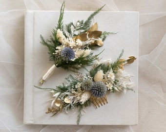 Winter Elegant Dried Flower Hair Comb Accessory / Gold Leaves Eucalyptus Green Fern Blue Thistle Boutonniere Pin / Bridal Hair Decor