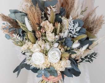 Groene & witte bruiloft boeket / witte roos bloemboeket / natuurlijke gedroogde bloem bruidsboeket / Eucalyptus Pampas gras groen boeket