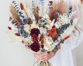 Boho Burgundy Rust Dried Flower Bouquet / Terracotta Dried Flower Arrangement / Fall Boho Bridal Wedding Flowers / Eucalyptus Pampas Grass