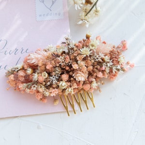 Peigne à cheveux de souffle de bébé rose avec des fleurs séchées, peigne de fleur de mariée de mariage rose gypsophile, morceau de cheveux de petite fleur, accessoire de cheveux de mariée image 1