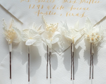 Weiße Hochzeit Haarnadel / Boho Trockenblumen Haarspange / Weiße Hochzeit Haar Accessoire Echte Blumen / Elegante Hochzeit Haarteil