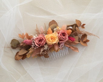 Dried Flowers Peach Pink Hair Comb, Autumn Colorful Ochre Flower Wedding Bridal Hair Accessory, Preserved Roses Eucalyptus Flower Hair Piece