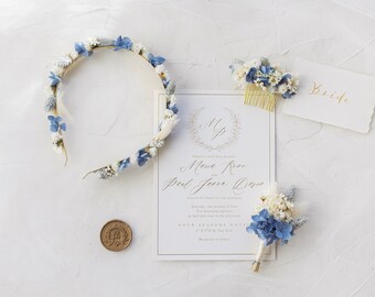 Blue Dainty Dried Flower Wedding Accessories / Winter Elegant Bridal Hair Set / Eternal Bridal Flowers / Dried Flower Hair Crown and Comb