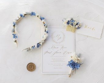 Blue Dainty Dried Flower Wedding Accessories / Winter Elegant Bridal Hair Set / Eternal Bridal Flowers / Dried Flower Hair Crown and Comb