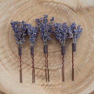 Pode incluir: Conjunto de seis grampos de cabelo de lavanda com hastes de fio de cobre. A lavanda &eacute; seca e de cor roxa. Os grampos est&atilde;o dispostos sobre uma superf&iacute;cie de madeira.