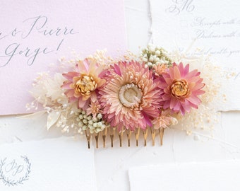 Pink Hair Comb with Dried Flowers, Strawflower Delicate Wedding Bridal Flower Comb, Nature Wedding Flower Hair Piece, Bridal Hair Accessory