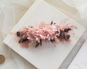 Blush Pink Dried Flowers Hydrangea Hair Comb, Pink Burgundy Flower Wedding Bridal Hair Accessory, Natural Lux Pastel Flower Hair Piece