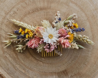 Getrocknete Blumen Wildblumen Haarkamm, Garten Sommer Wildblumenwiese Blume Hochzeit Braut Haarschmuck, natürliches buntes Blumenhaarteil, Gänseblümchen