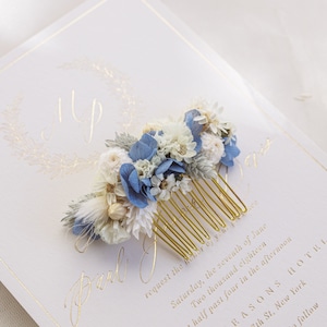 Blauwe sierlijke gedroogde bloem bruiloft accessoires / winter elegante bruidshaar set / eeuwige bruidsbloemen / gedroogde bloem haarkroon en kam Hair comb