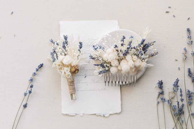 Lavender hair comb and boutonniere, dried flowers, wedding bridal hair clip, wedding flower hair piece, purple hair accessory Comb & boutonniere