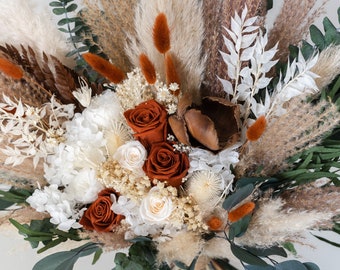 Boho Greenery Terracotta Bouquet da sposa di fiori secchi / Bouquet da sposa di rose conservate Beige ruggine / Disposizione di erba di pampa di eucalipto