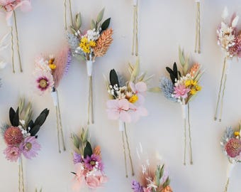 Pastel Colorful Wildflower Hair Pins, Garden Spring Summer Meadow Flower Wedding Bride Hair Accessory with Dried flowers