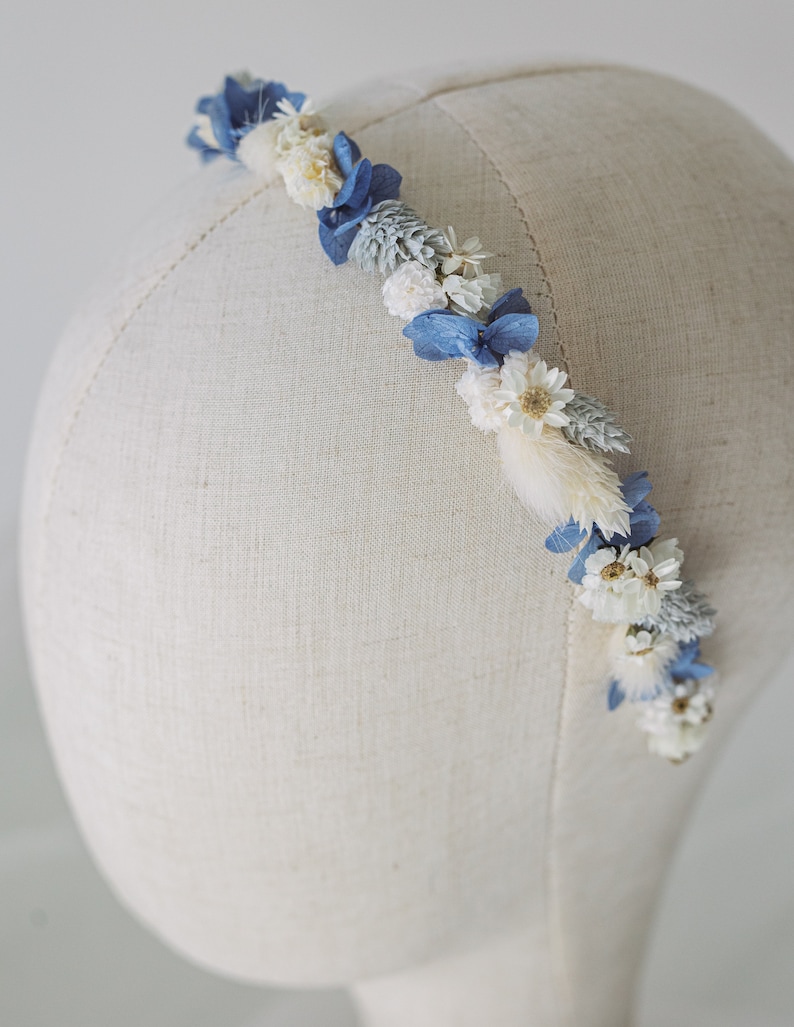 Blauwe sierlijke gedroogde bloem bruiloft accessoires / winter elegante bruidshaar set / eeuwige bruidsbloemen / gedroogde bloem haarkroon en kam afbeelding 10