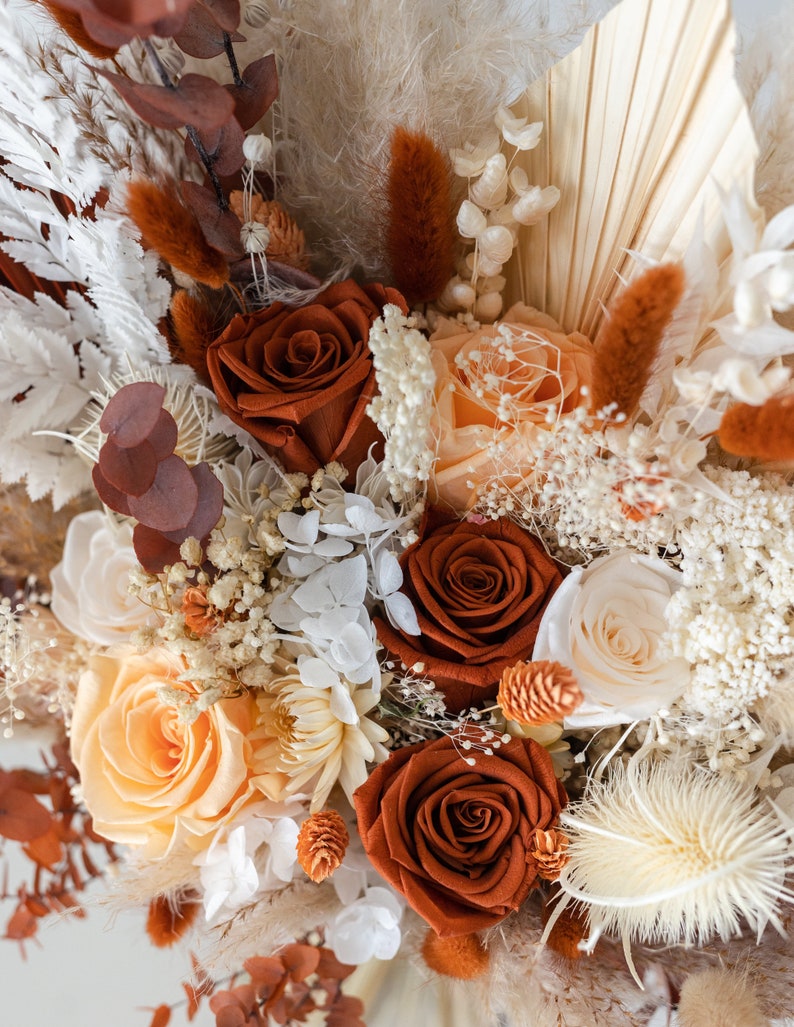Rust Colored Roses Florist Peach Terracotta Dried Flower Bridal Bouquet / Rust Beige Preserved ...