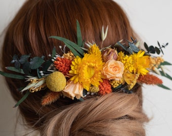 Getrocknete Blumen Orange Haarkamm, Sommer Herbst Gelb Hochzeit Braut Haarschmuck, konservierte Rose Eukalyptus Grün Blumen Haarteil