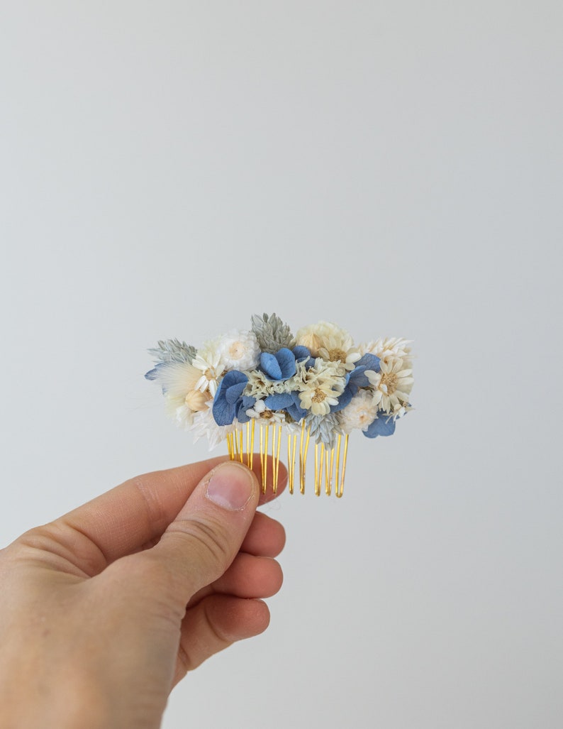 Blauwe sierlijke gedroogde bloem bruiloft accessoires / winter elegante bruidshaar set / eeuwige bruidsbloemen / gedroogde bloem haarkroon en kam afbeelding 9
