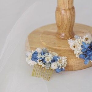 Blauwe sierlijke gedroogde bloem bruiloft accessoires / winter elegante bruidshaar set / eeuwige bruidsbloemen / gedroogde bloem haarkroon en kam afbeelding 7