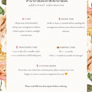 Pode incluir: Um gr&aacute;fico floral rosa e branco com texto que diz "FLORADEKORA informa&ccedil;&otilde;es adicionais". O texto abaixo inclui informa&ccedil;&otilde;es sobre cuidados, tempo de processamento, tempo de pedido, tempo de envio e pedidos personalizados.