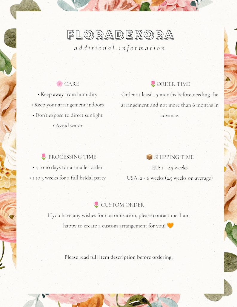 Pode incluir: Um gr&aacute;fico floral rosa e branco com texto que diz "FLORADEKORA informa&ccedil;&otilde;es adicionais". O texto abaixo inclui informa&ccedil;&otilde;es sobre cuidados, tempo de processamento, tempo de pedido, tempo de envio e pedidos personalizados.