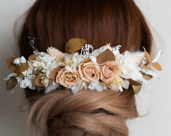 Elegante Creme getrocknete Blume Haarkamm, Beige konservierte Rosen Hochzeit Braut Haarschmuck, Taupe Ocker Creme Haarteil, Hortensie