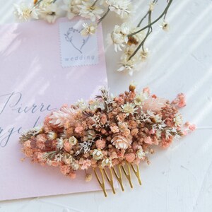 Peigne à cheveux de souffle de bébé rose avec des fleurs séchées, peigne de fleur de mariée de mariage rose gypsophile, morceau de cheveux de petite fleur, accessoire de cheveux de mariée image 6