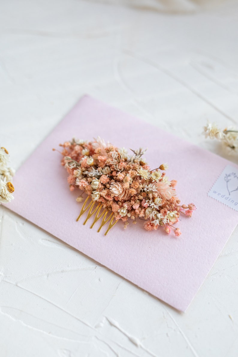 Pink Babys Breath Hair Comb with Dried Flowers, Gypsophila Pink Wedding Bridal Flower Comb, Small Flower Hair Piece, Bridal Hair Accessory image 2