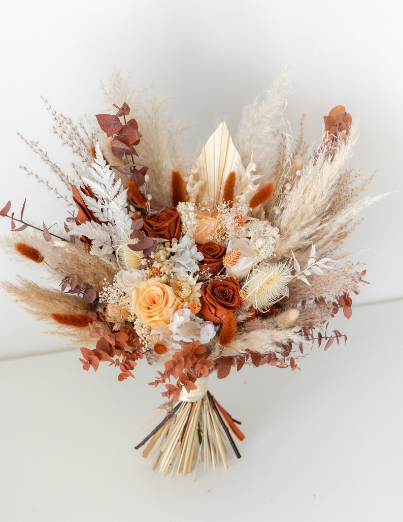 Rust Colored Roses Florist Peach Terracotta Dried Flower Bridal Bouquet / Rust Beige Preserved ...
