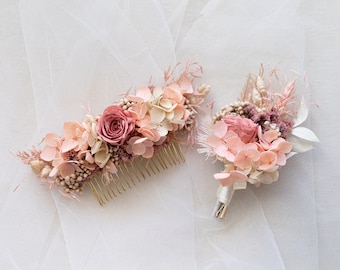 Blush Pink Hydrangea Rose Hair Comb and Boutonniere Set / Pink Groom Buttonhole Posy / Dried Flower Salmon Romantic Wedding Arrangement