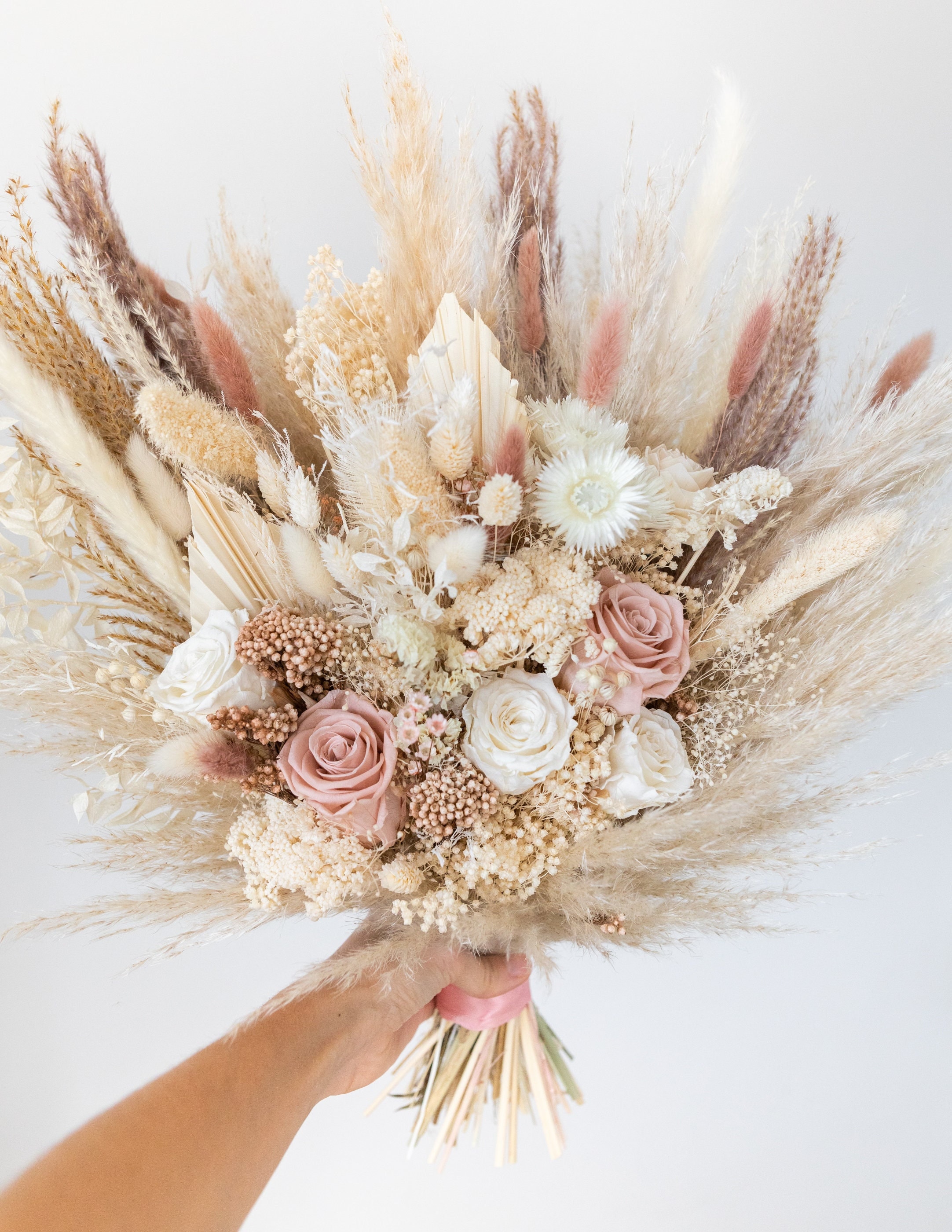 Pink Wedding Bouquet w/ Pale Pink Blush Roses - Dried Flowers Forever