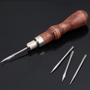 4-in-1 Leather Punch Awl Set with Wood Handle - 4PCS Replaceable Needles (Diamond/Flat/Round) for Hole Punching & Stitching