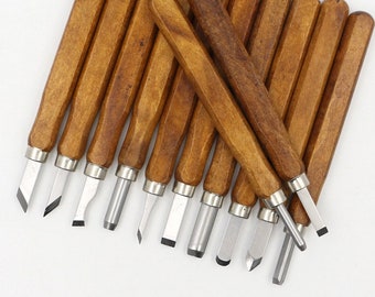 12pcs Sculpture sur bois Ciseaux Outils Sculpture sur bois Pour le travail du bois Gravure Olive Couteau à sculpter Ensemble d’outils de couteau fait à la main