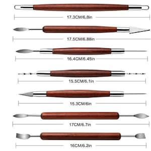 May include: Set of seven sculpting tools with wooden handles and different metal tips. The tools are laid out in a row with measurements in inches and centimeters.