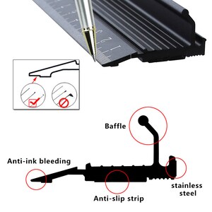 May include: Black ruler with a raised edge to prevent ink bleeding. The ruler has a black baffle and an anti-slip strip. The ruler is made of stainless steel.