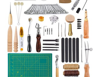 50 Pcs Leather Sewing Tools DIY Leather Craft Tools Hand Stitching Tool Set with Groover Awl Waxed Thread Thimble Kit
