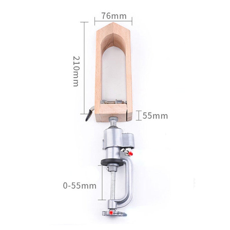 May include: A wooden clamp with a metal base and a clamp that can be adjusted from 0 to 55 mm. The clamp is 76 mm wide, 210 mm tall, and 55 mm deep.
