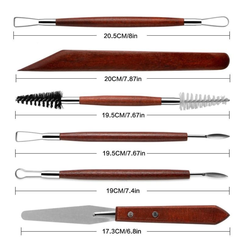 May include: Set of five sculpting tools with wooden handles. The tools include a loop tool, a pointed tool, a brush, a flat tool, and a spatula. The tools are all approximately 8 inches long.