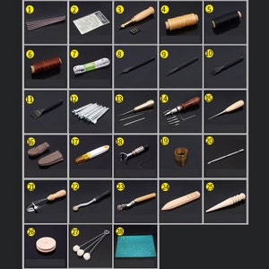 May include: A set of 28 leather craft tools, including needles, awls, stitching tools, a thimble, a cutting mat, and more. The tools are arranged in a grid on a black background.