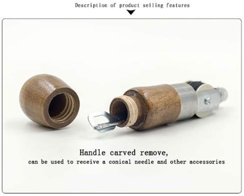 Op de afbeelding: Een houten handvat met een metalen en houten gereedschap. De handgreep is gesneden en kan worden verwijderd. De tekst in de afbeelding luidt: "Beschrijving van productverkoopkenmerken" en "Handvat gesneden verwijderen, kan worden gebruikt om een conische naald en andere accessoires te ontvangen."