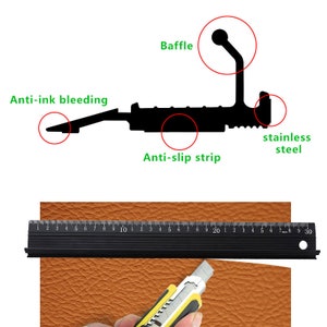 May include: A black rubber door sweep with a stainless steel insert and a baffle to prevent ink bleeding. The sweep has an anti-slip strip and is shown being cut with a utility knife.