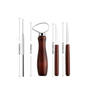 May include: Set of four pottery tools with wooden handles. The tools include a loop tool, a needle tool, a scoring tool, and a rib tool. The tools are 5.1 inches, 4.88 inches, 5.3 inches, and 6.2 inches long.