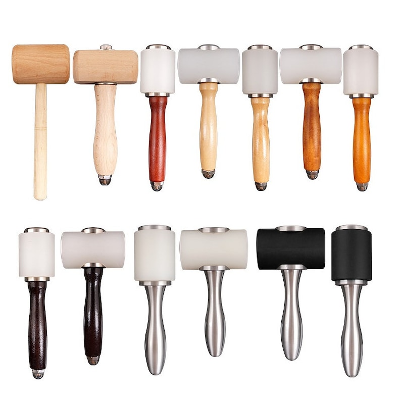 May include: A set of 12 leather working hammers with different colored handles and heads. The hammers have wooden, rubber, and metal heads. The handles are made of wood and metal.