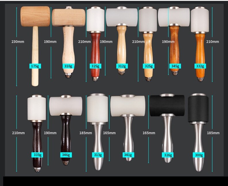 May include: Assortment of leather working hammers with wooden and metal handles. The hammers have white and black rubber heads. The hammers are labeled with their length and weight in millimeters and grams.