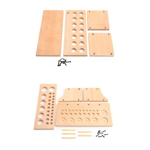 May include: A set of wooden pieces for building a tool organizer. The pieces are unfinished and have holes for holding tools. The set includes a base, sides, shelves, and dividers. There are also screws and dowels included.