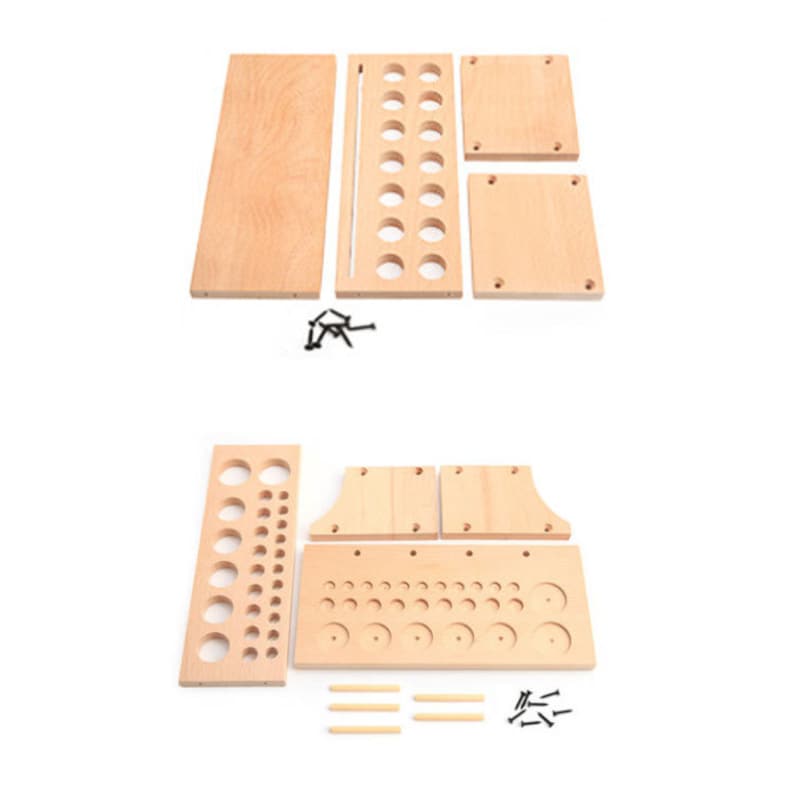 May include: A set of wooden pieces for building a tool organizer. The pieces are unfinished and have holes for holding tools. The set includes a base, sides, shelves, and dividers. There are also screws and dowels included.