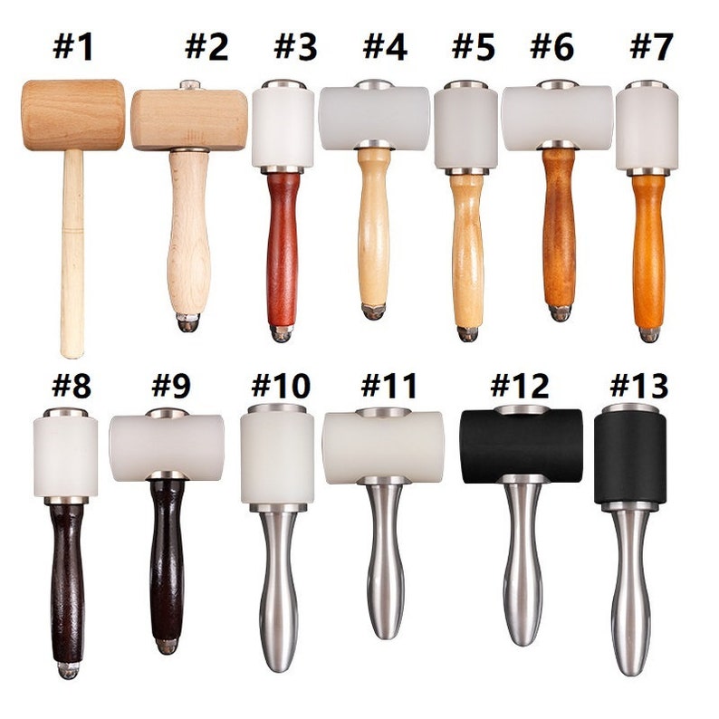 May include: A set of 13 leather working hammers with different colored handles and heads. The hammers are numbered 1 through 13.