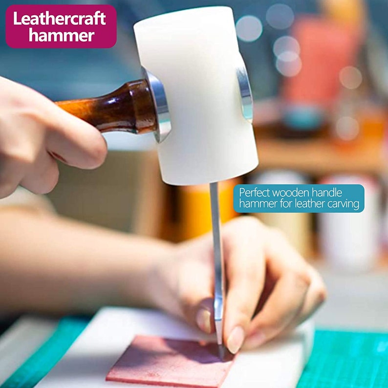 May include: A white leathercraft hammer with a wooden handle being used to carve a piece of leather. The text "Perfect wooden handle hammer for leather carving" is visible in the image.
