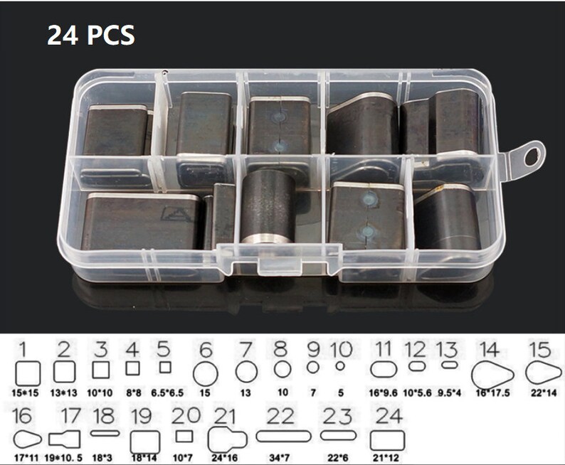 May include: A clear plastic organizer containing 24 metal leather craft tools. The tools are various shapes and sizes, including squares, circles, and ovals. The organizer has a snap closure and the text "24 PCS" is visible.