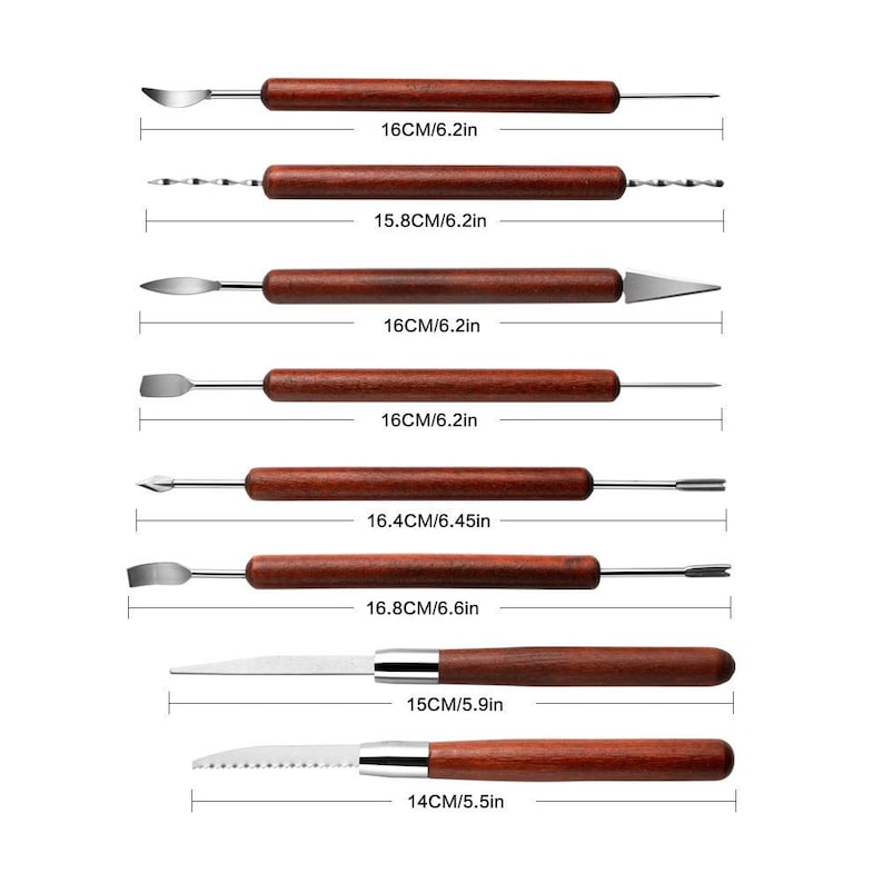 May include: Set of 8 wood-handled sculpting tools with metal tips. The tools are different sizes and shapes, including a pointed tip, a rounded tip, a flat tip, and a serrated tip. The tools are 6.2 to 6.6 inches long.